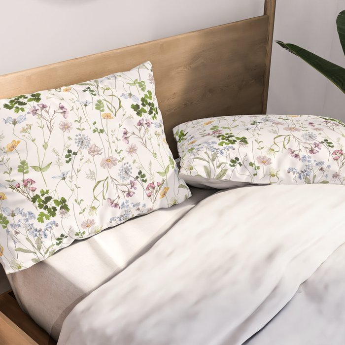 Hand Painted Watercolor Springflowers And Herbs Meadow  Pillow Sham Gallery Image 2
