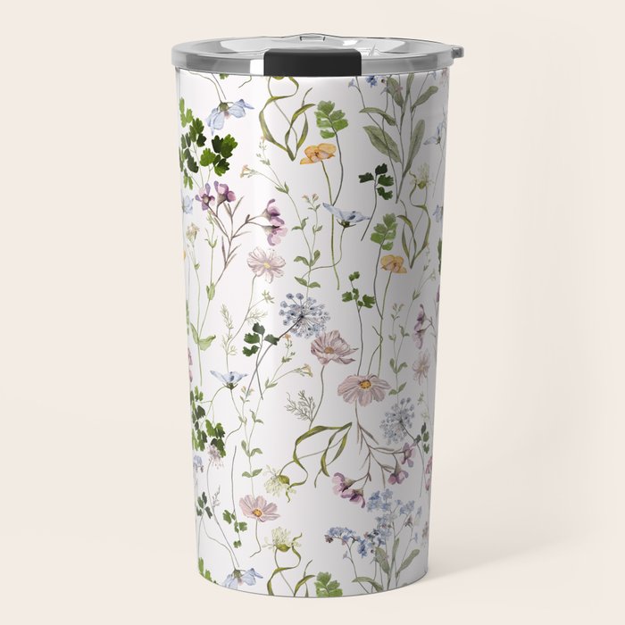 Hand Painted Watercolor Springflowers And Herbs Meadow  Travel Mug Gallery Image 1