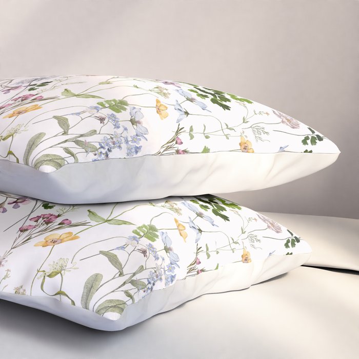 Hand Painted Watercolor Springflowers And Herbs Meadow  Pillow Sham Gallery Image 3