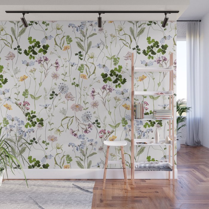 Hand Painted Watercolor Springflowers And Herbs Meadow  Wall Mural Gallery Image 1