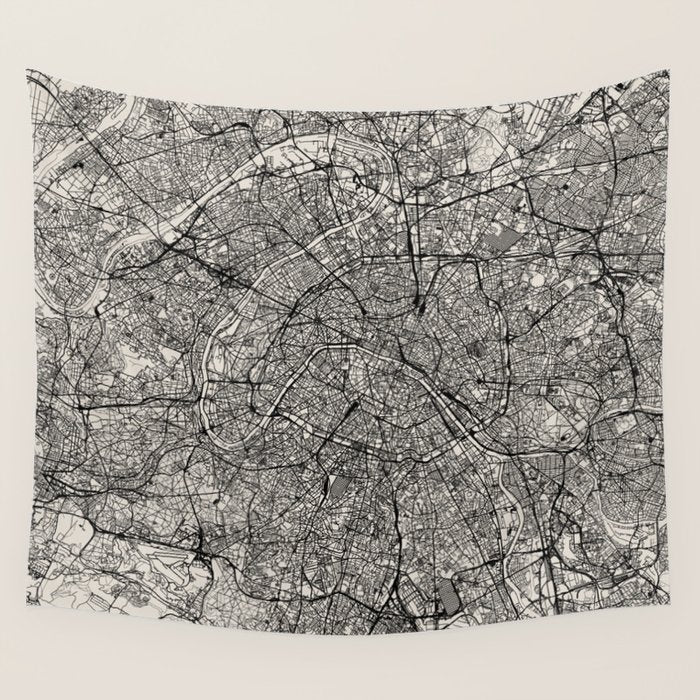 Paris Map - Black&White City Maps Wall Tapestry Gallery Image 4