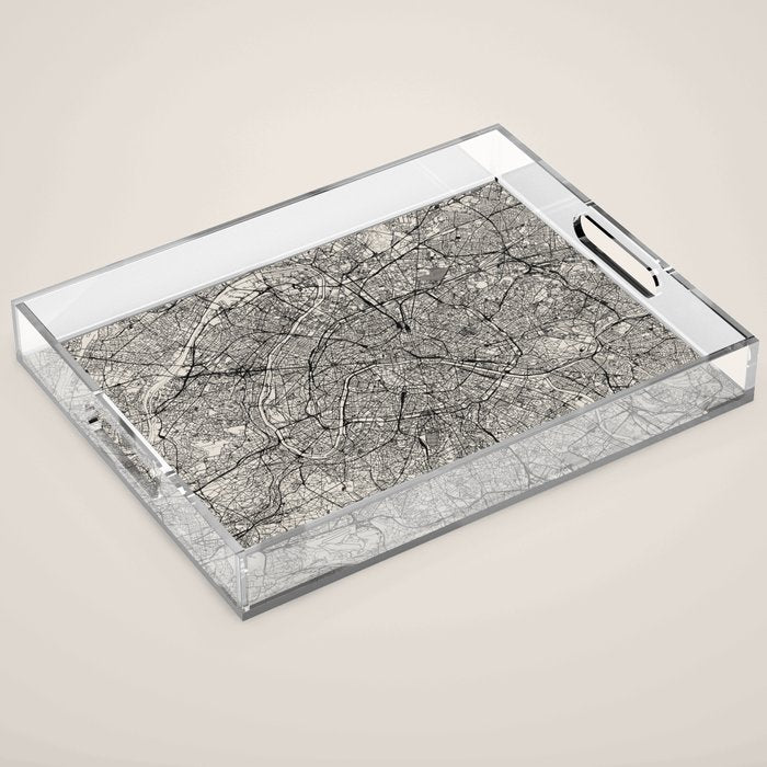 Paris Map - Black&White City Maps Acrylic Tray Gallery Image 1