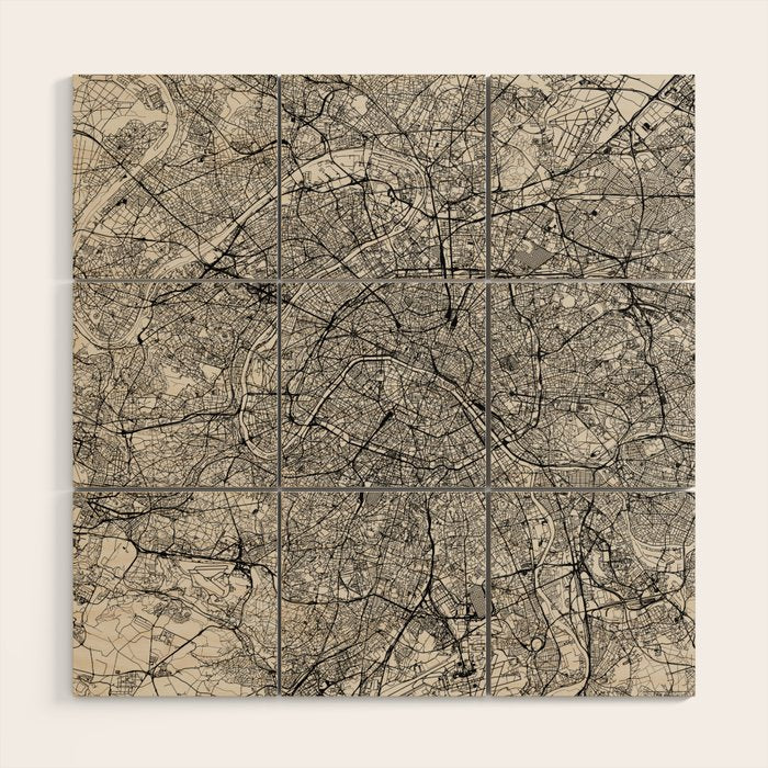 Paris Map - Black&White City Maps Wood Wall Art Gallery Image 1