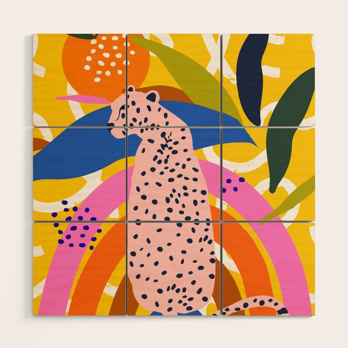 Leopard Somewhere Over The Rainbow, Maximalist Abstract Wildlife Jungle Botanical, Pop of Color Eclectic Animals Illustration  Wood Wall Art Gallery Image 1