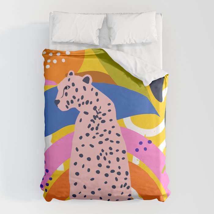 Leopard Somewhere Over The Rainbow, Maximalist Abstract Wildlife Jungle Botanical, Pop of Color Eclectic Animals Illustration  Duvet Cover Gallery Image 1