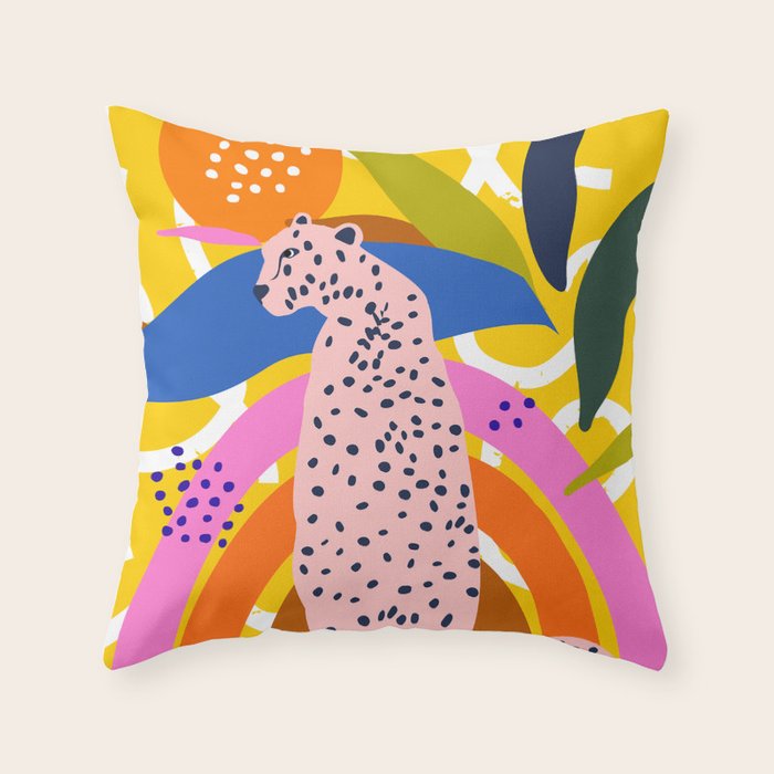 Leopard Somewhere Over The Rainbow, Maximalist Abstract Wildlife Jungle Botanical, Pop of Color Eclectic Animals Illustration  Throw Pillow Gallery Image 6
