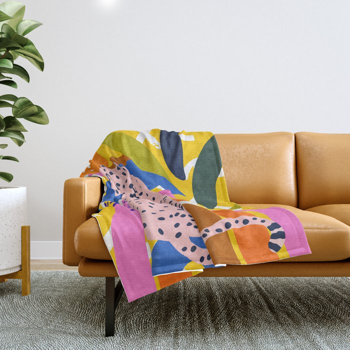Leopard Somewhere Over The Rainbow, Maximalist Abstract Wildlife Jungle Botanical, Pop of Color Eclectic Animals Illustration  Throw Blanket Gallery Image 1