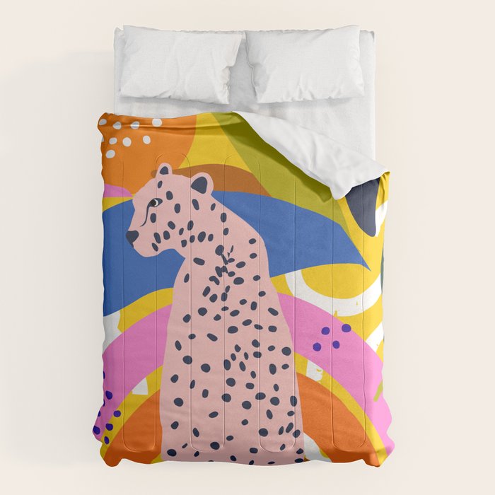Leopard Somewhere Over The Rainbow, Maximalist Abstract Wildlife Jungle Botanical, Pop of Color Eclectic Animals Illustration  Comforter Gallery Image 6