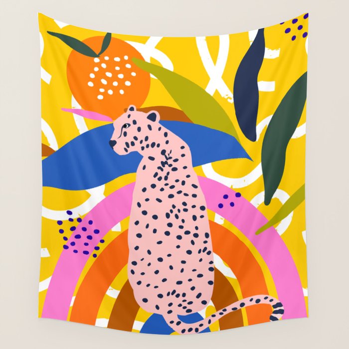 Leopard Somewhere Over The Rainbow, Maximalist Abstract Wildlife Jungle Botanical, Pop of Color Eclectic Animals Illustration  Wall Tapestry Gallery Image 4
