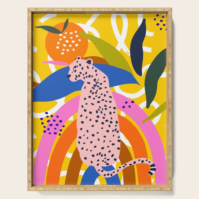 Leopard Somewhere Over The Rainbow, Maximalist Abstract Wildlife Jungle Botanical, Pop of Color Eclectic Animals Illustration  Serving Tray Gallery Image 1