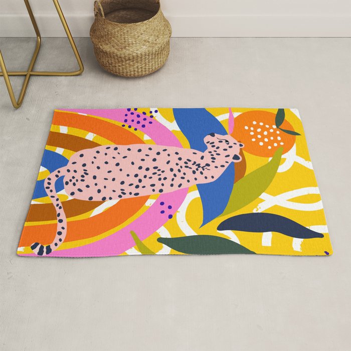 Leopard Somewhere Over The Rainbow, Maximalist Abstract Wildlife Jungle Botanical, Pop of Color Eclectic Animals Illustration  Rug Gallery Image 1