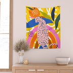Leopard Somewhere Over The Rainbow, Maximalist Abstract Wildlife Jungle Botanical, Pop of Color Eclectic Animals Illustration  Wall Tapestry Gallery Image 2