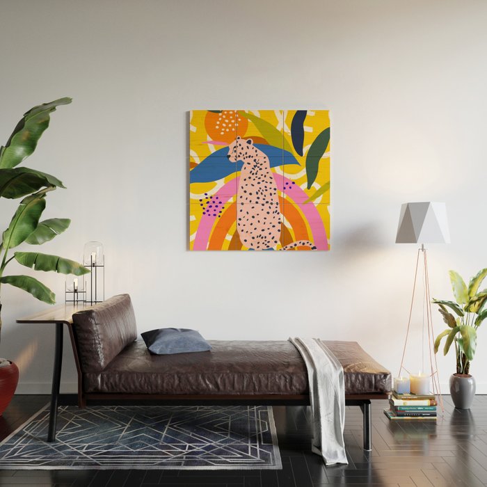 Leopard Somewhere Over The Rainbow, Maximalist Abstract Wildlife Jungle Botanical, Pop of Color Eclectic Animals Illustration  Wood Wall Art Gallery Image 2