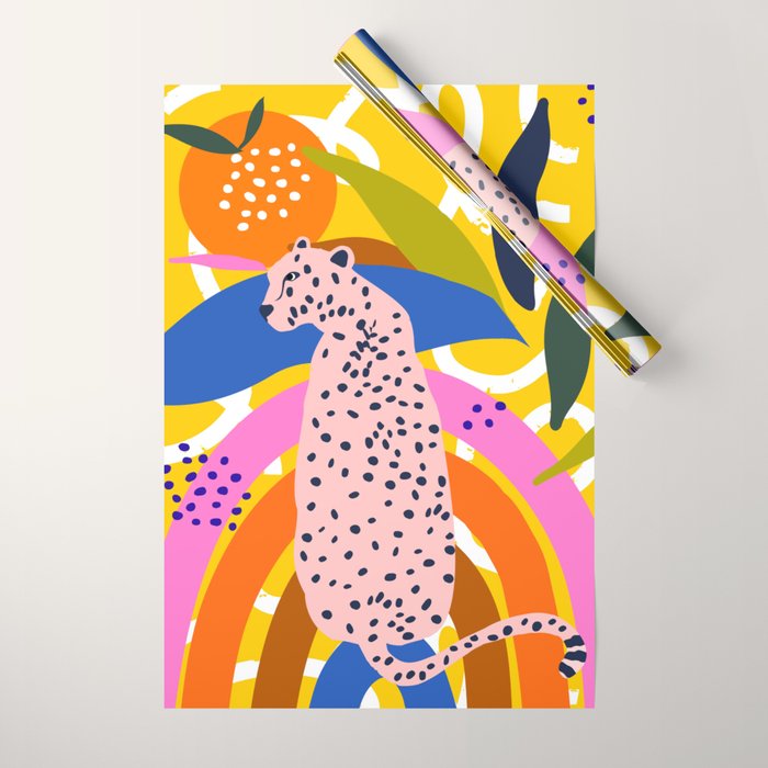 Leopard Somewhere Over The Rainbow, Maximalist Abstract Wildlife Jungle Botanical, Pop of Color Eclectic Animals Illustration  Wrapping Paper Gallery Image 1