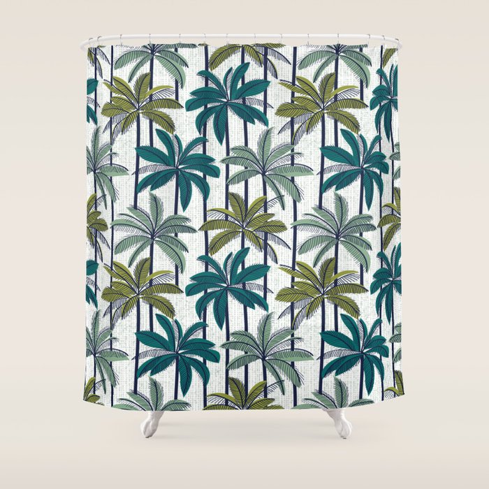 Retro Palm Springs vibes // white background highball sage and pine green palm trees oxford navy blue lines Shower Curtain Gallery Image 1