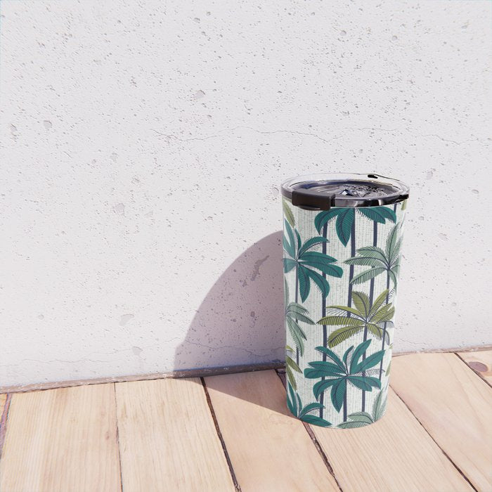 Retro Palm Springs vibes // white background highball sage and pine green palm trees oxford navy blue lines Travel Mug Gallery Image 4
