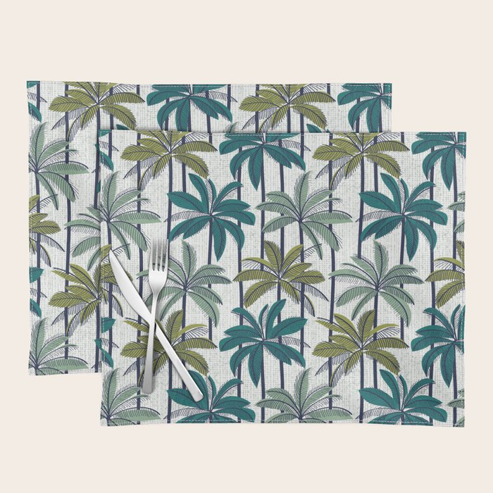 Retro Palm Springs vibes // white background highball sage and pine green palm trees oxford navy blue lines Placemat Gallery Image 1