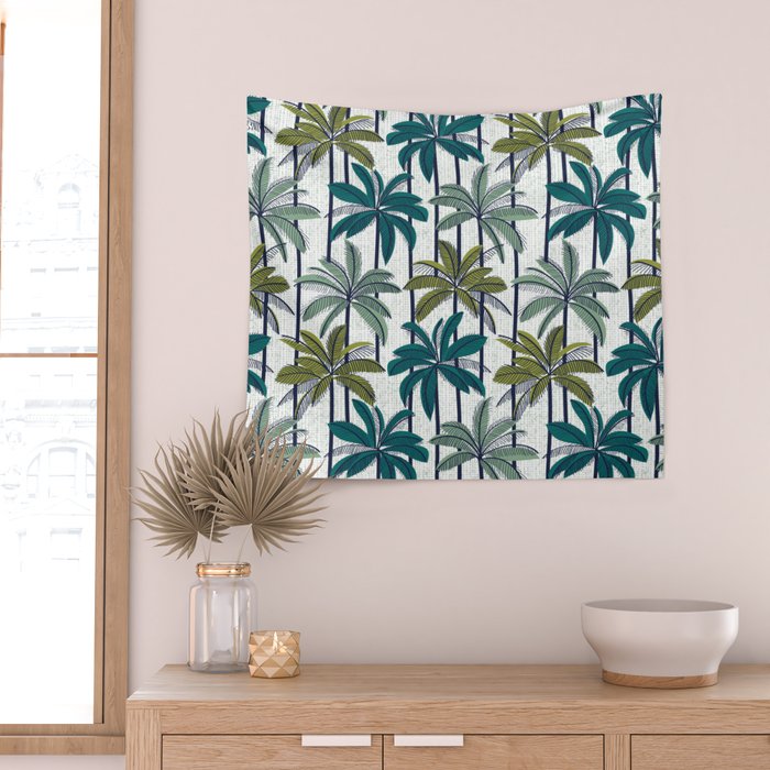 Retro Palm Springs vibes // white background highball sage and pine green palm trees oxford navy blue lines Wall Tapestry Gallery Image 2