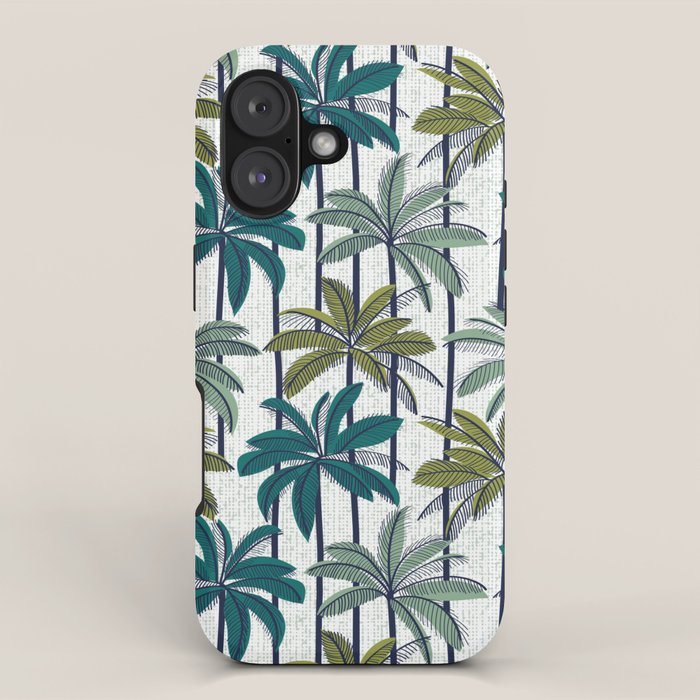 Retro Palm Springs vibes // white background highball sage and pine green palm trees oxford navy blue lines iPhone Case Gallery Image 1