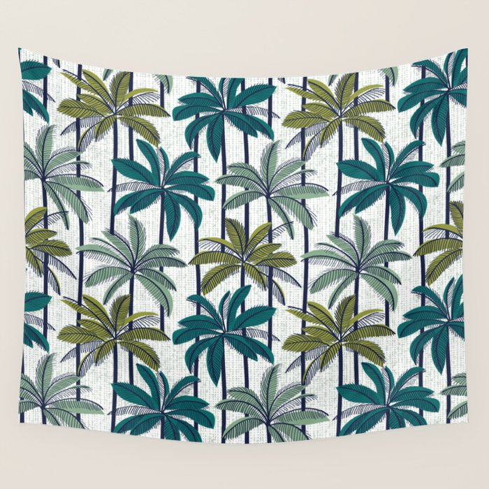 Retro Palm Springs vibes // white background highball sage and pine green palm trees oxford navy blue lines Wall Tapestry Gallery Image 1