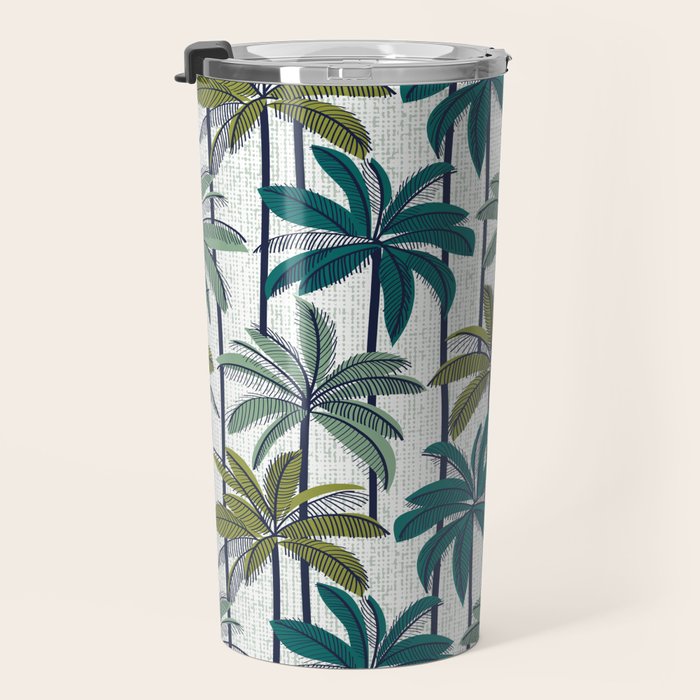 Retro Palm Springs vibes // white background highball sage and pine green palm trees oxford navy blue lines Travel Mug Gallery Image 3