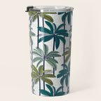 Retro Palm Springs vibes // white background highball sage and pine green palm trees oxford navy blue lines Travel Mug Gallery Image 3
