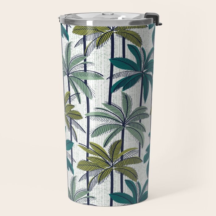 Retro Palm Springs vibes // white background highball sage and pine green palm trees oxford navy blue lines Travel Mug Gallery Image 2