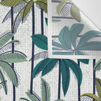 Retro Palm Springs vibes // white background highball sage and pine green palm trees oxford navy blue lines Wall Tapestry Gallery Image 3