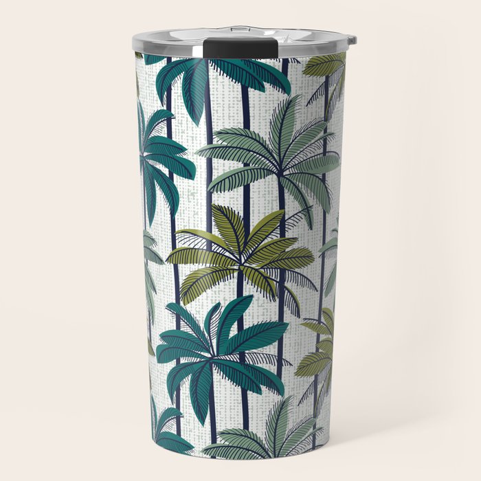 Retro Palm Springs vibes // white background highball sage and pine green palm trees oxford navy blue lines Travel Mug Gallery Image 1