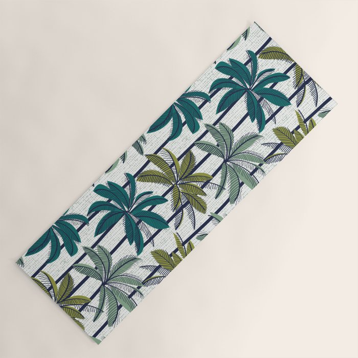 Retro Palm Springs vibes // white background highball sage and pine green palm trees oxford navy blue lines Yoga Mat Gallery Image 1