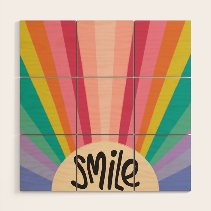 Smile - 70s Retro Sun Rainbow  Wood Wall Art Gallery Image 1