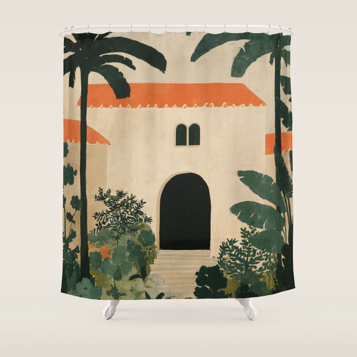 Mediterranean Villa with Lush Garden Vintage Architecture Shower Curtain Gallery Image 1