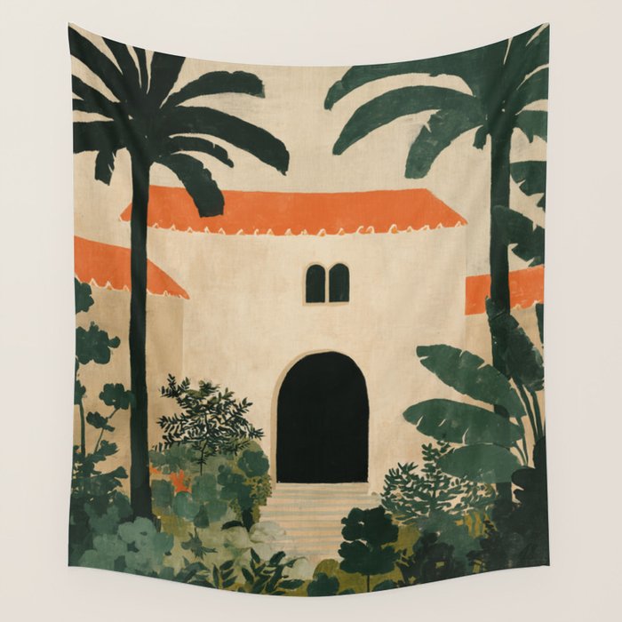 Mediterranean Villa with Lush Garden Vintage Architecture Wall Tapestry Gallery Image 1
