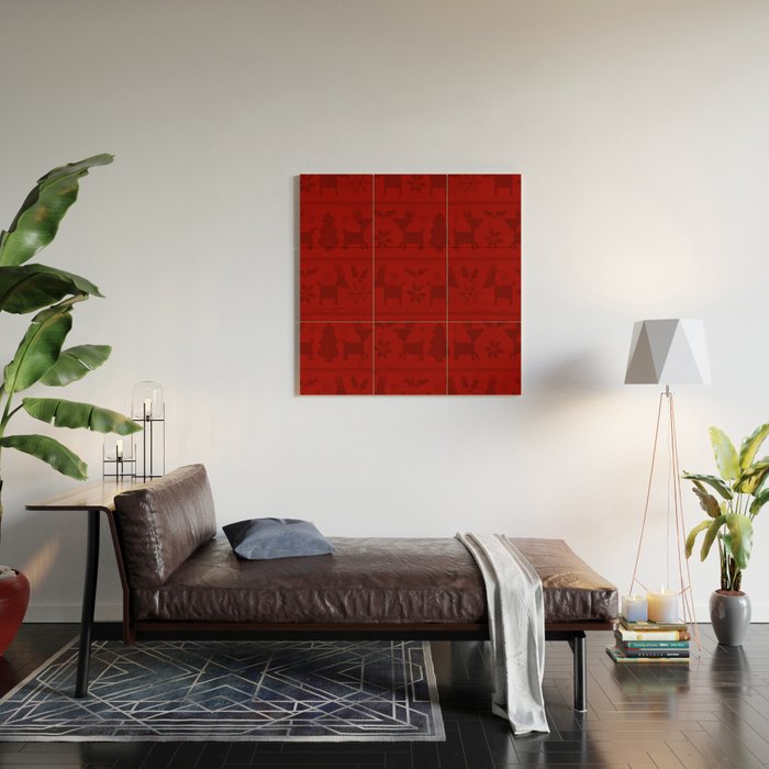 Red Reindeer Fair Isle Print, Red Holiday, Christmas Cheer, Red Christmas Sweater Wood Wall Art Gallery Image 2