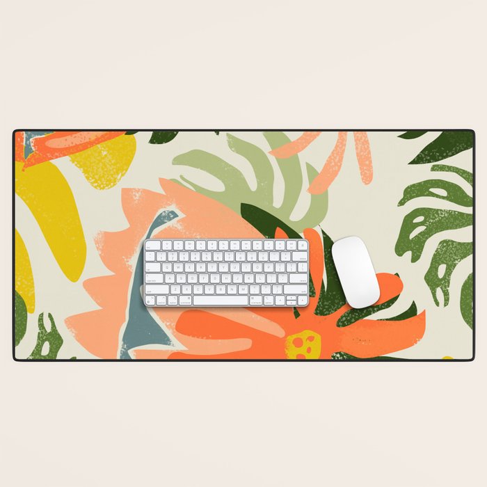 Flowers & Rain, Summer Floral Nature Botanical Painting, Modern Colorful Bohemian Illustration Desk Mat Gallery Image 1