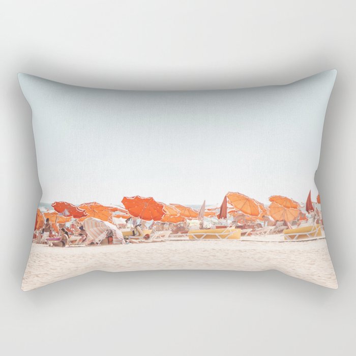 Beach - Orange Sun Umbrellas series  - Ocean Travel photography Rectangular Pillow Gallery Image 1