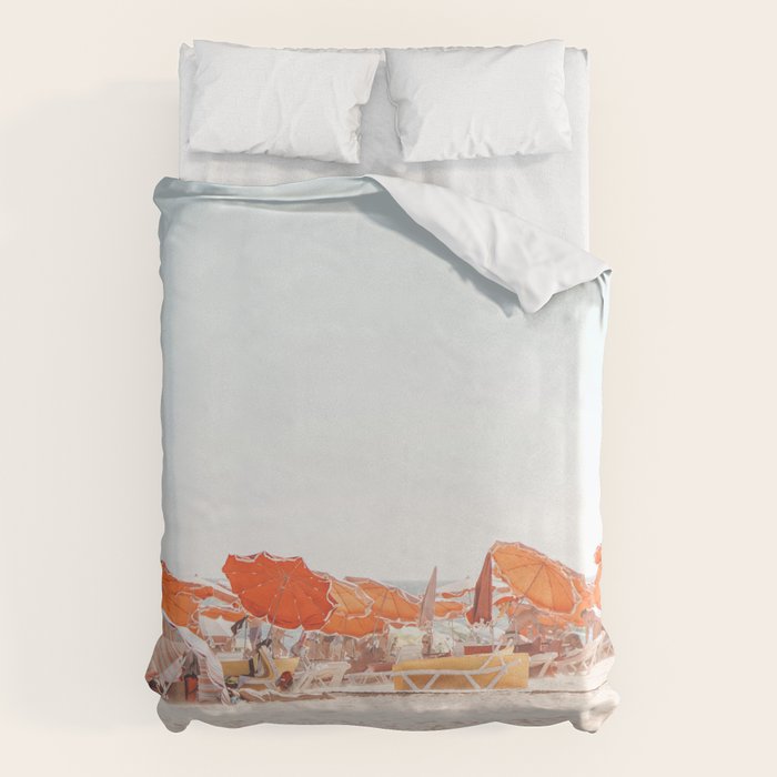 Beach - Orange Sun Umbrellas series  - Ocean Travel photography Duvet Cover Gallery Image 1