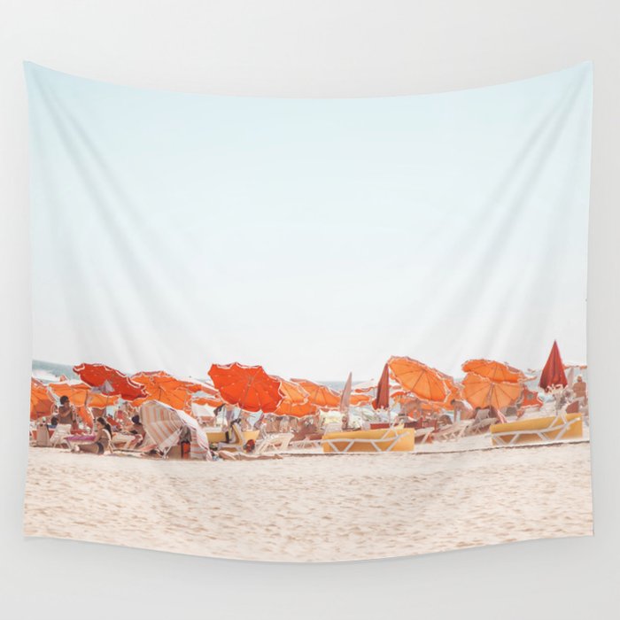 Beach - Orange Sun Umbrellas series  - Ocean Travel photography Wall Tapestry Gallery Image 1