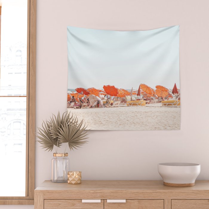 Beach - Orange Sun Umbrellas series  - Ocean Travel photography Wall Tapestry Gallery Image 2