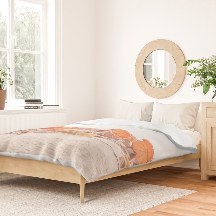 Beach - Orange Sun Umbrellas series  - Ocean Travel photography Duvet Cover Gallery Image 2