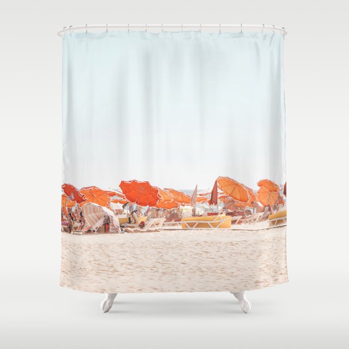 Beach - Orange Sun Umbrellas series  - Ocean Travel photography Shower Curtain Gallery Image 1