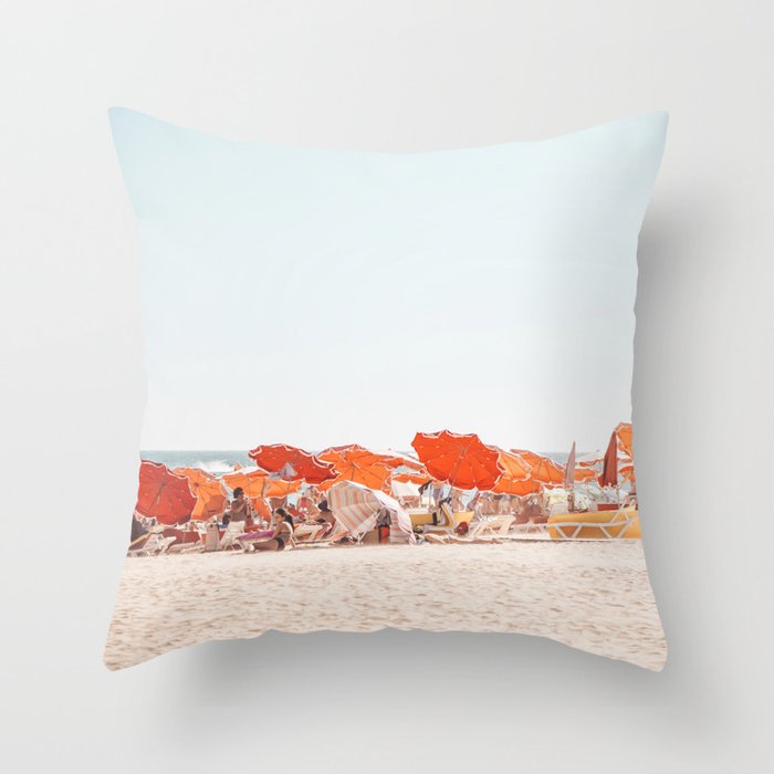 Beach - Orange Sun Umbrellas series  - Ocean Travel photography Throw Pillow Gallery Image 1