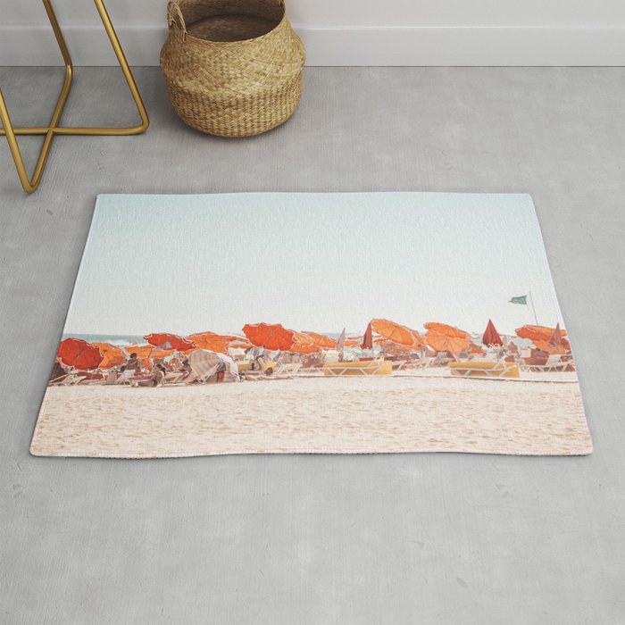 Beach - Orange Sun Umbrellas series  - Ocean Travel photography Rug Gallery Image 1