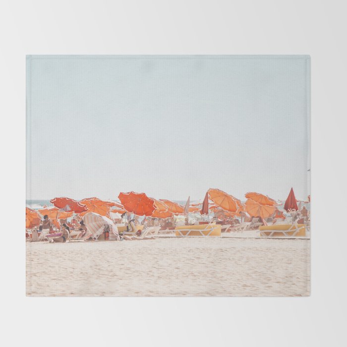 Beach - Orange Sun Umbrellas series  - Ocean Travel photography Throw Blanket Gallery Image 2