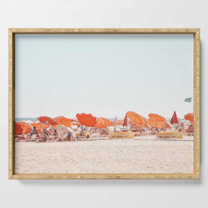 Beach - Orange Sun Umbrellas series  - Ocean Travel photography Serving Tray Gallery Image 1