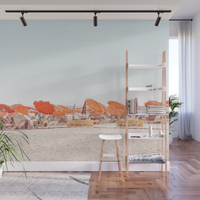 Beach - Orange Sun Umbrellas series  - Ocean Travel photography Wall Mural Gallery Image 1