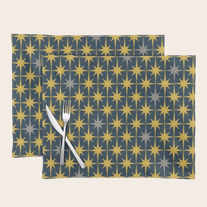 Atomic Age Retro Midcentury 1950s Starburst Pattern in Light Mustard, Gray, and Navy Blue Placemat Gallery Image 1