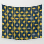 Atomic Age Retro Midcentury 1950s Starburst Pattern in Light Mustard, Gray, and Navy Blue Wall Tapestry Gallery Image 4