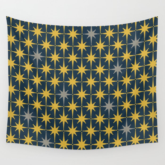 Atomic Age Retro Midcentury 1950s Starburst Pattern in Light Mustard, Gray, and Navy Blue Wall Tapestry Gallery Image 4