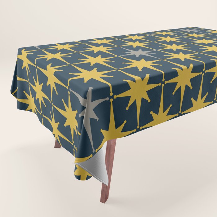 Atomic Age Retro Midcentury 1950s Starburst Pattern in Light Mustard, Gray, and Navy Blue Tablecloth Gallery Image 1